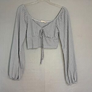 Altar'D State Womens Gingham Cropped‎ Babydoll Top Gray Size M Long Sleeves Boho